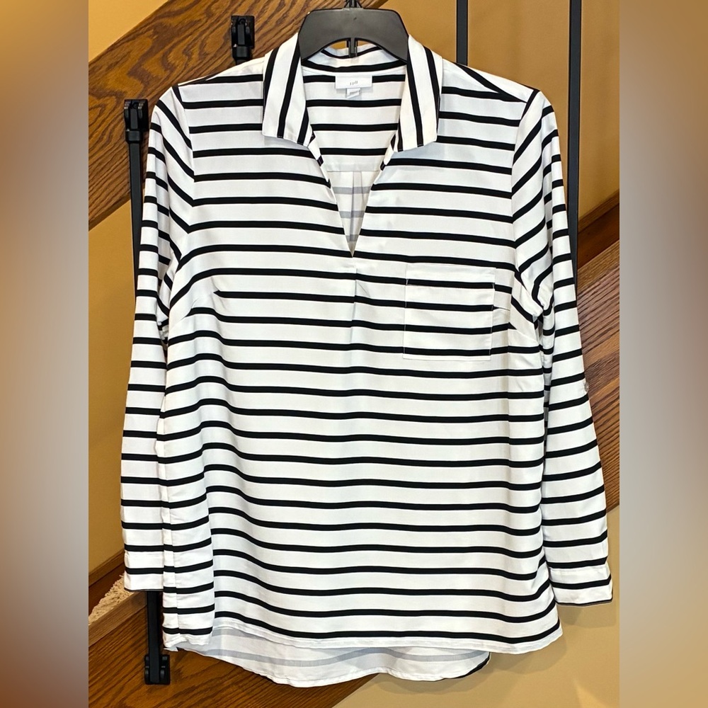 J Jill Striped Blouse Long Sleeve Split V Neck White Black SZ. Lg